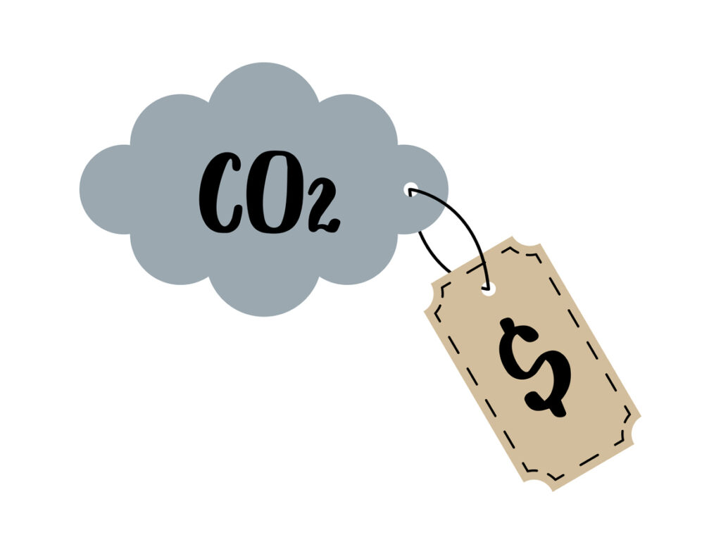 CO2 emission reduction concept flat vector illustration. Greenhouse CO2 gas cloud with dollar price tag label, carbon tax credit concept art. Stop global warming, air pollution, net zero footprint.