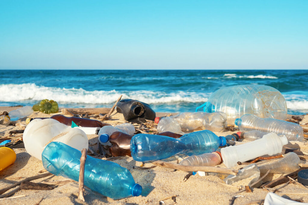 Spilled garbage on the beach of the big city. Empty used dirty plastic bottles. Empty used dirty plastic bottles. Dirty sea sandy shore of the Black Sea. Environmental pollution. Ecological problem stock photo