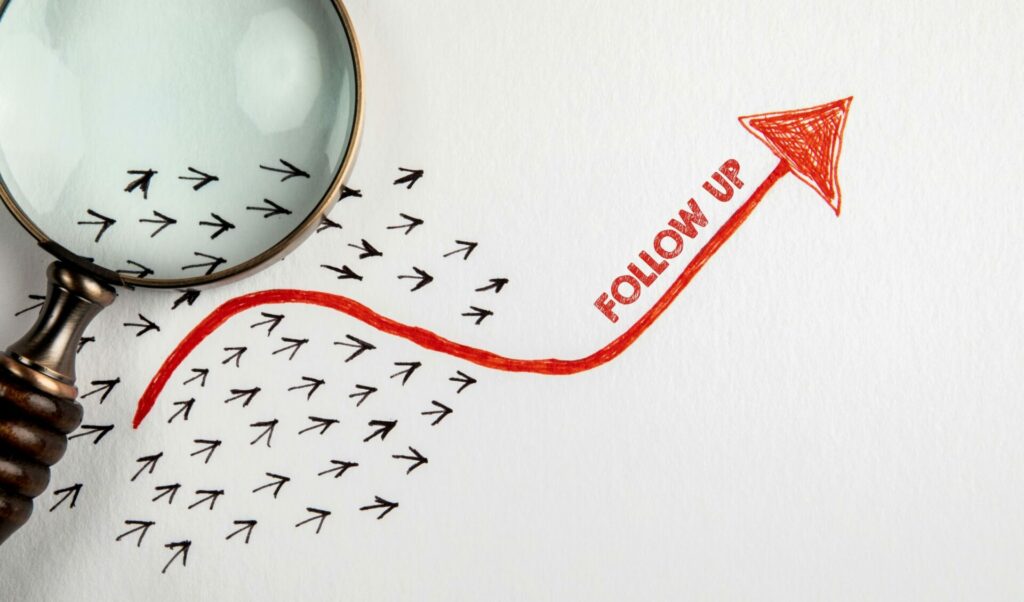 Magnifying glass over a set of arrows and a large red arrow with text "Follow-up".